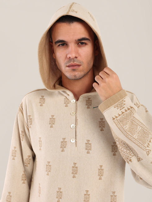 Hooded sweater with part front buttons